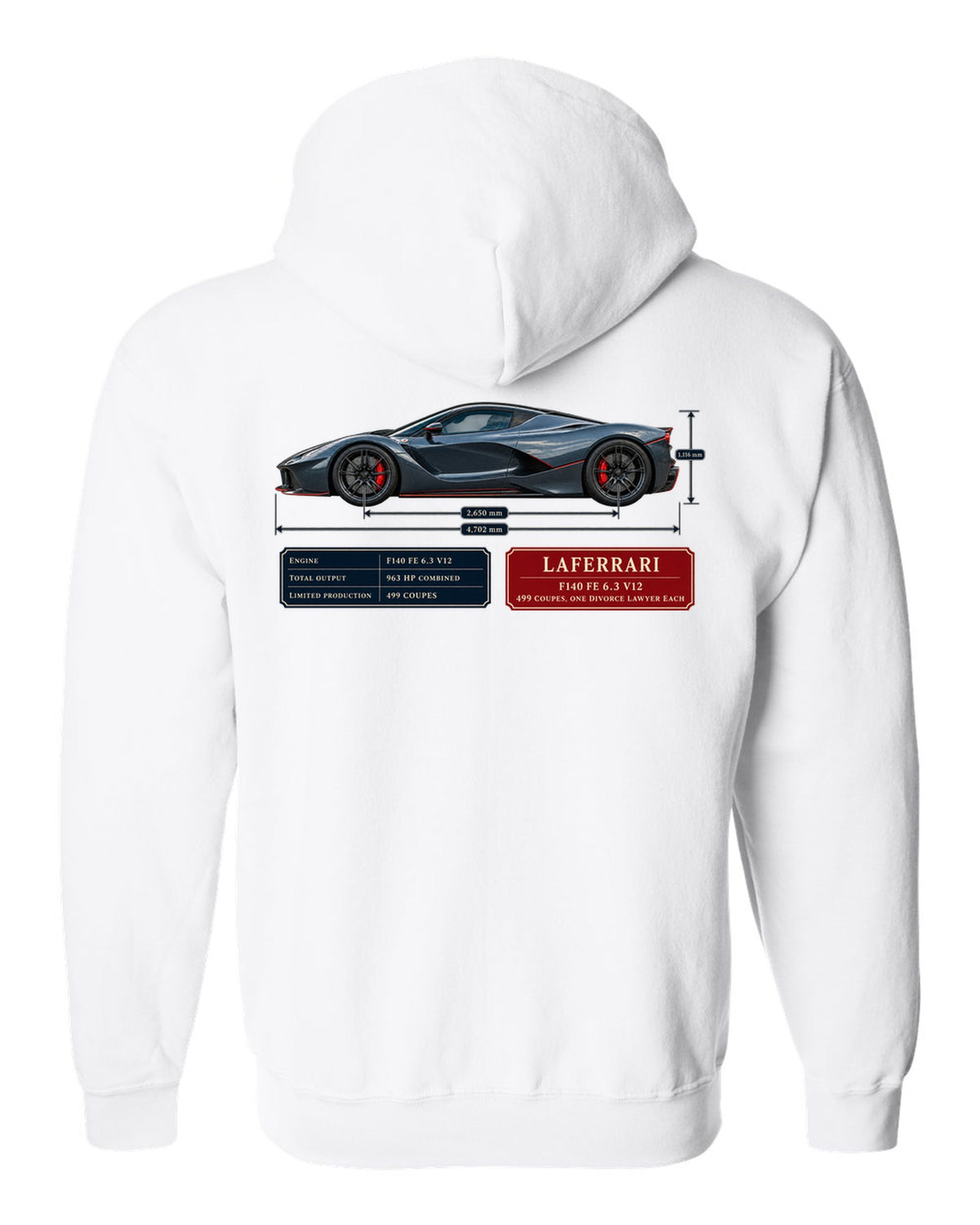 Ferrari LaFerrari dimension blueprint print with F140 FE 6.3 V12 text white zip hoodie back view with the design