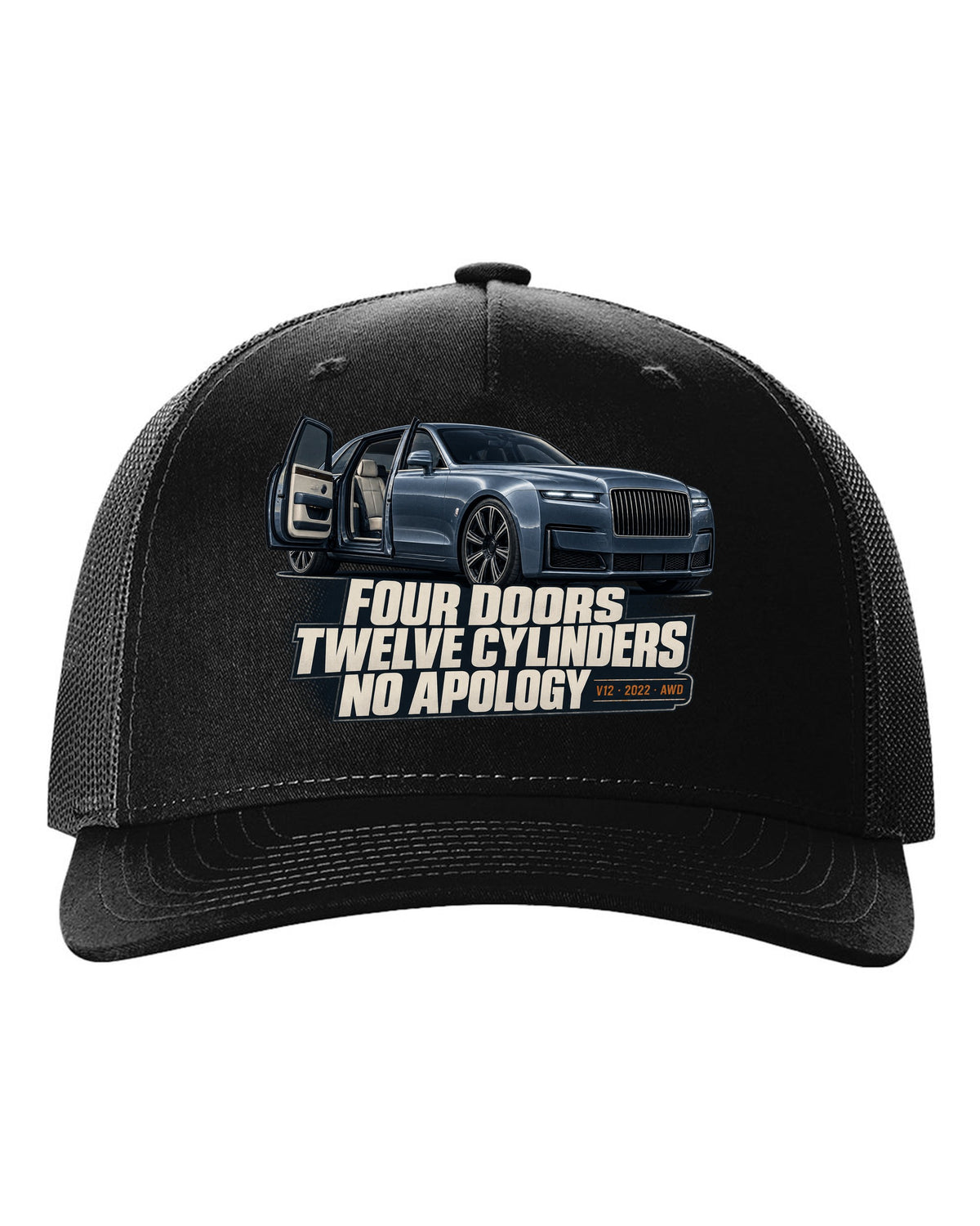 Editorial headline print of the Ferrari Purosangue on a tee black hat front view with the design