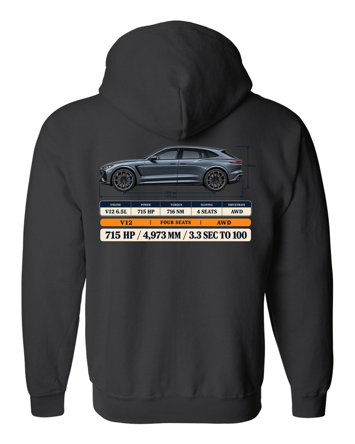 Spec poster print of the Ferrari Purosangue with power and length figures black zip hoodie back view with the design