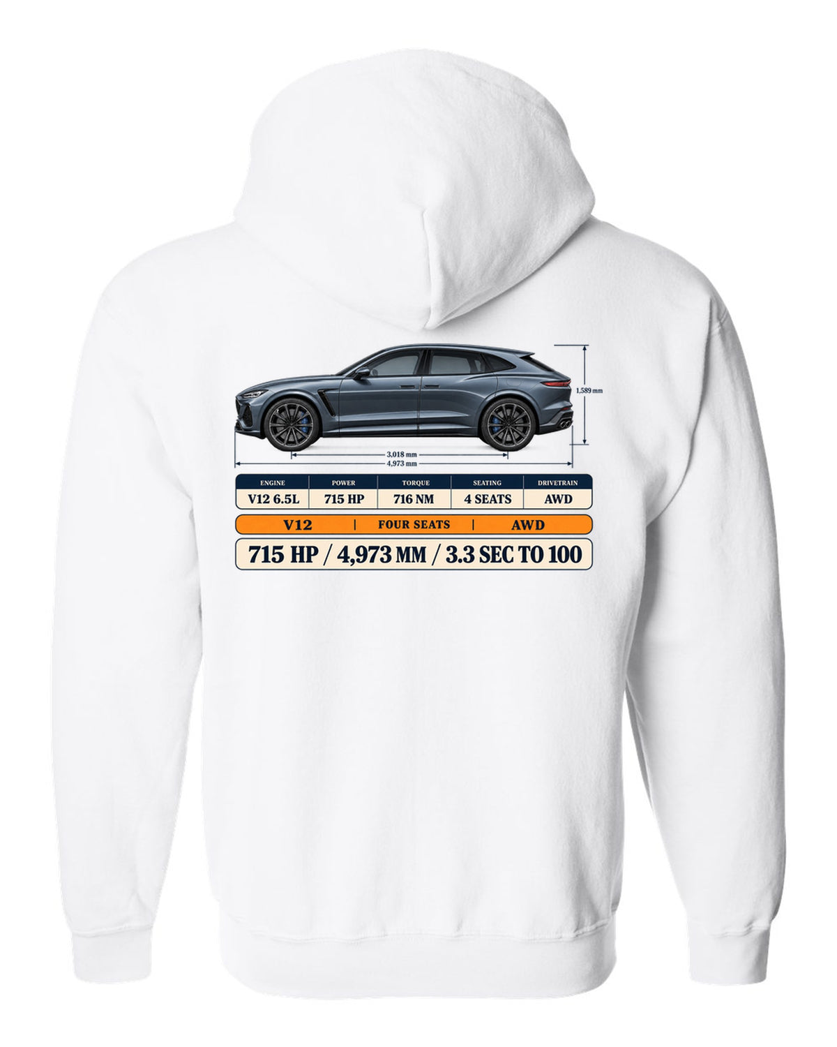 Spec poster print of the Ferrari Purosangue with power and length figures white zip hoodie back view with the design
