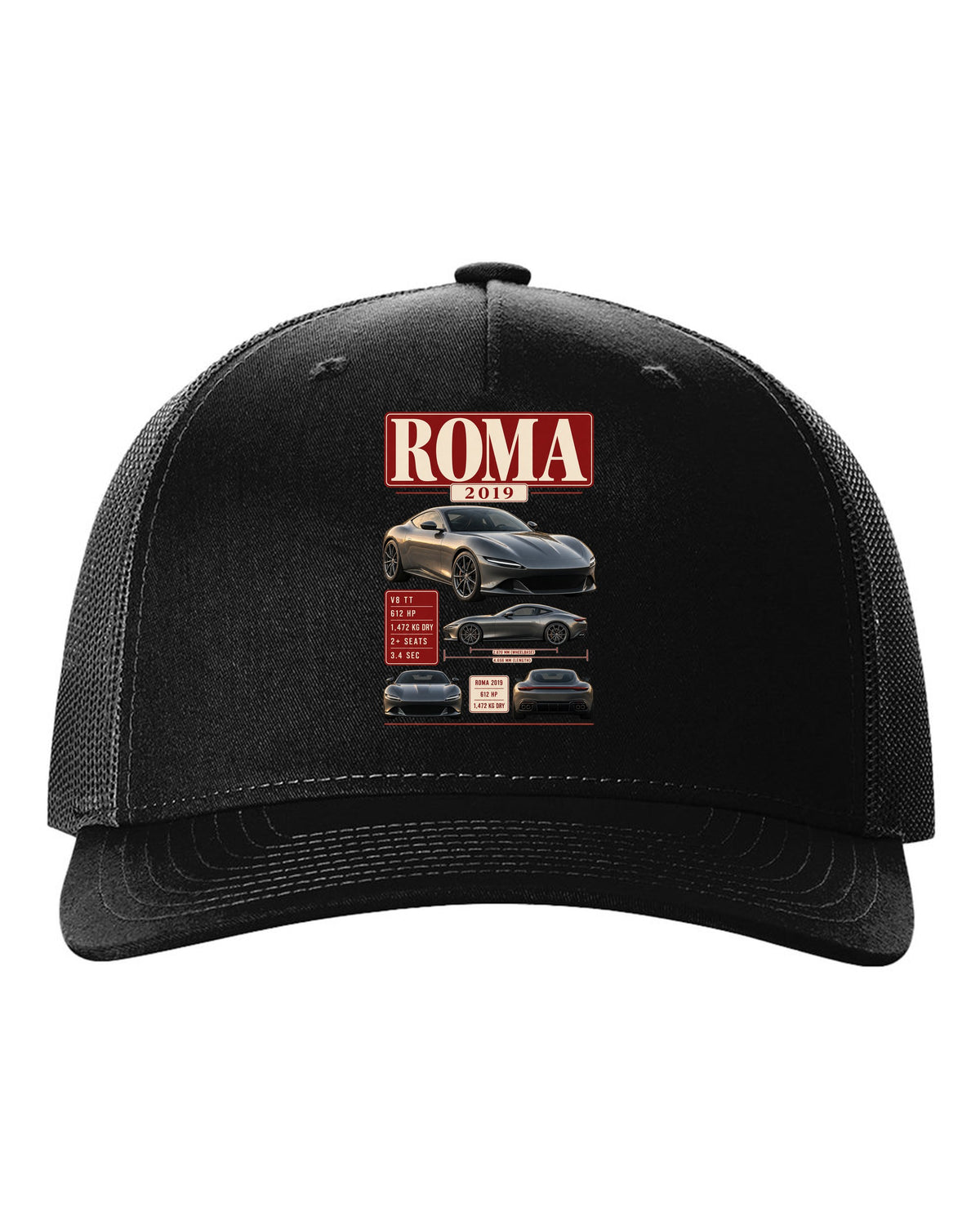 Archive panel print of the Ferrari Roma with 2019 spec text black hat front view with the design