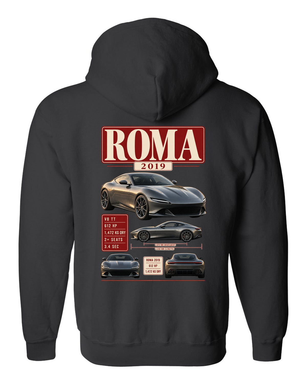 Archive panel print of the Ferrari Roma with 2019 spec text black zip hoodie back view with the design