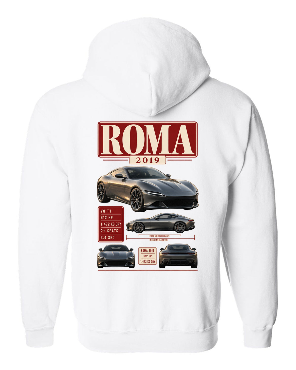 Archive panel print of the Ferrari Roma with 2019 spec text white zip hoodie back view with the design