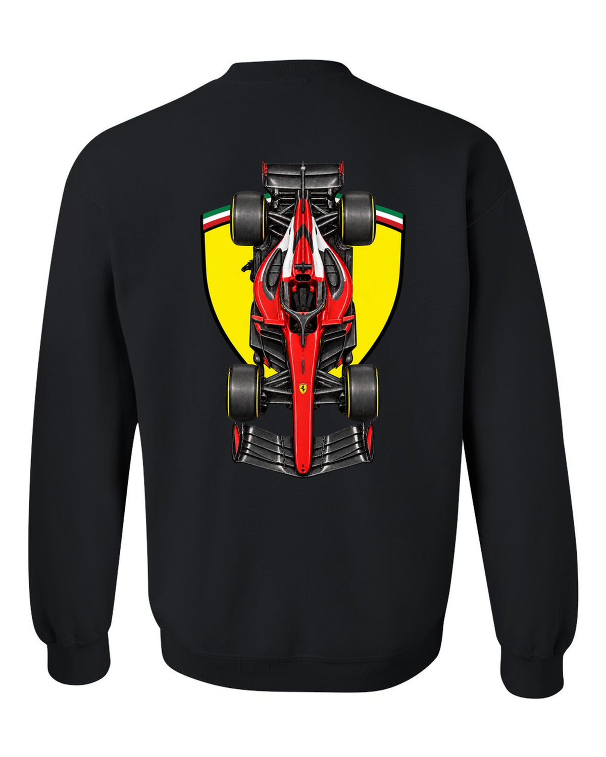 Ferrari SF-26 Formula 1 overhead poster artwork black crewneck back view with the design