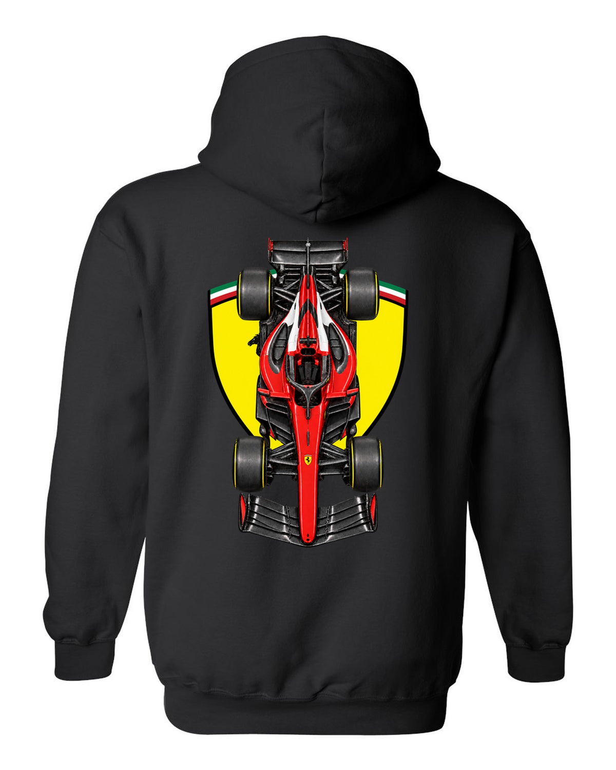Ferrari SF-26 Formula 1 overhead poster artwork black pull over hoodie back view with the design