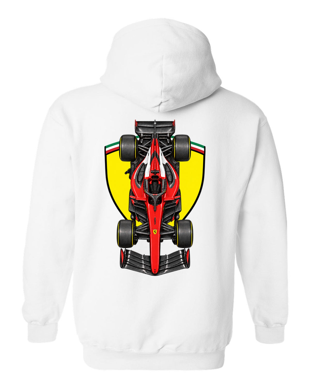 Ferrari SF-26 Formula 1 overhead poster artwork white pull over hoodie back view with the design
