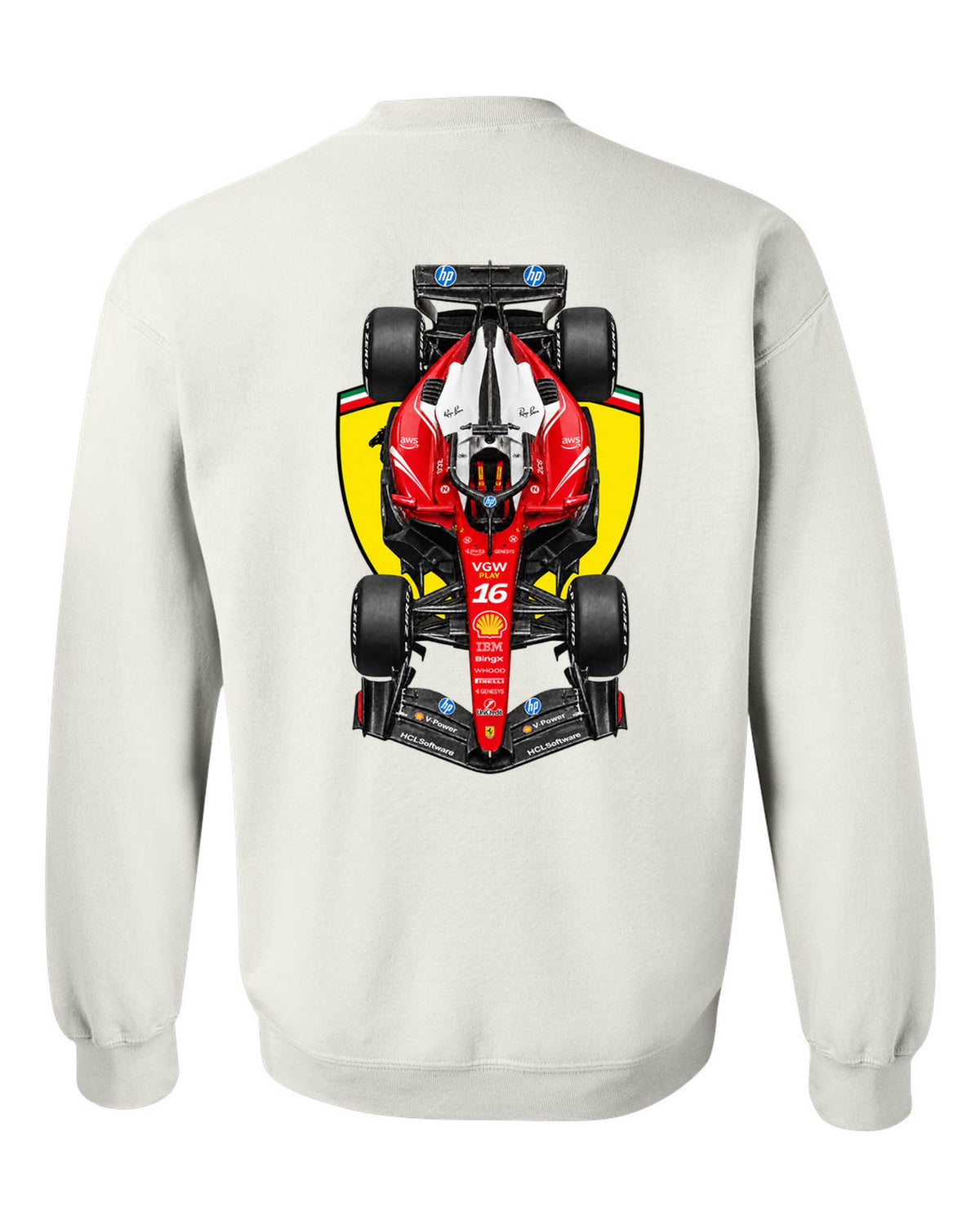 Ferrari SF-26 Formula 1 overhead poster artwork white crewneck back view with the design
