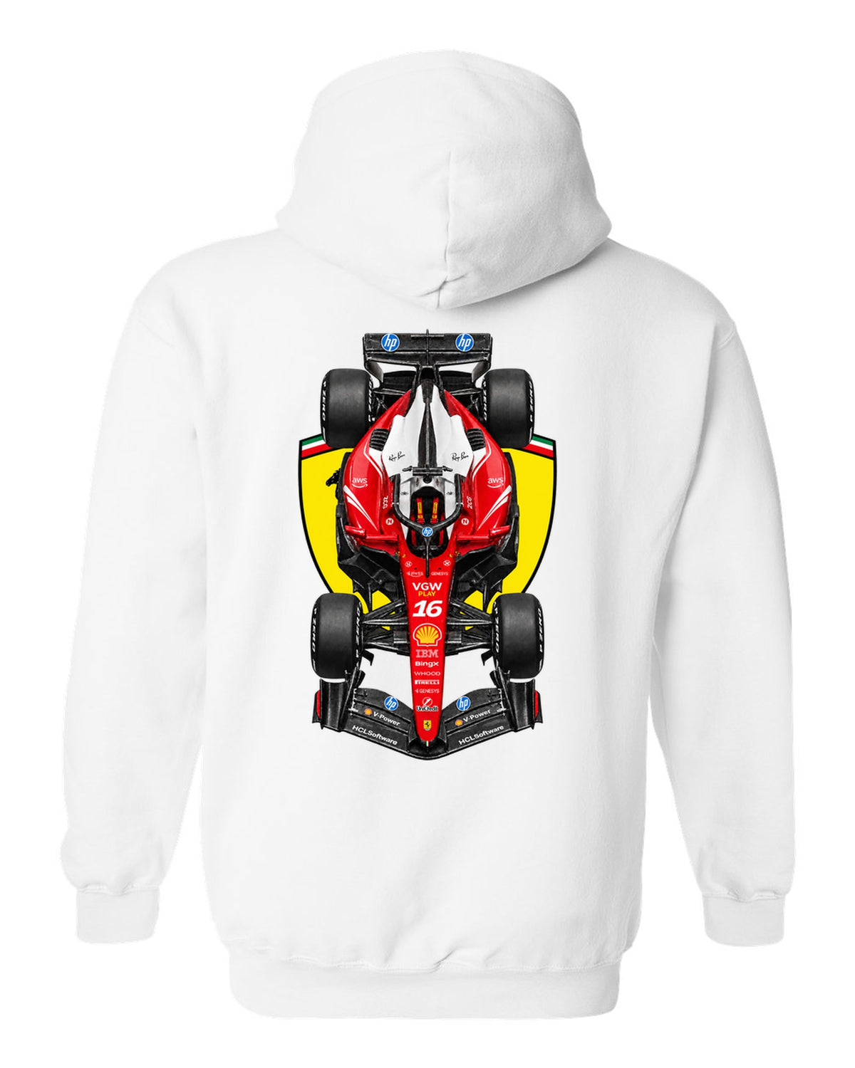 Ferrari SF-26 Formula 1 overhead poster artwork white pull over hoodie back view with the design