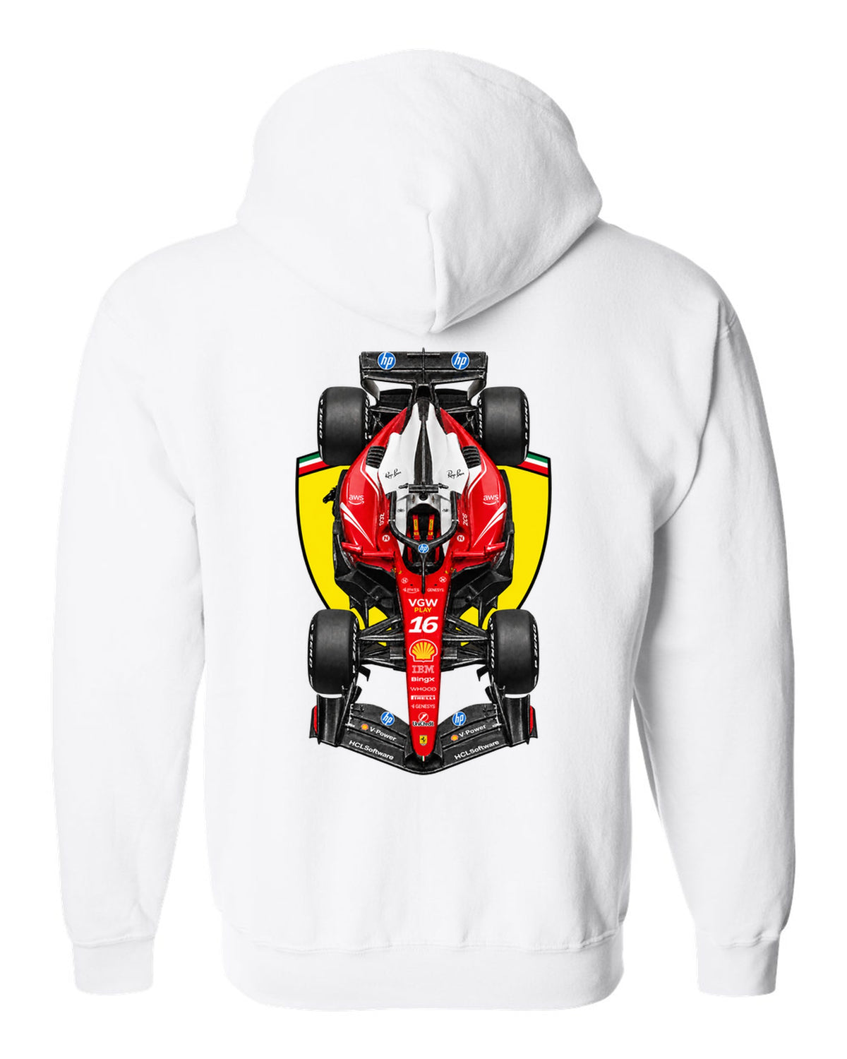 Ferrari SF-26 Formula 1 overhead poster artwork white zip hoodie back view with the design