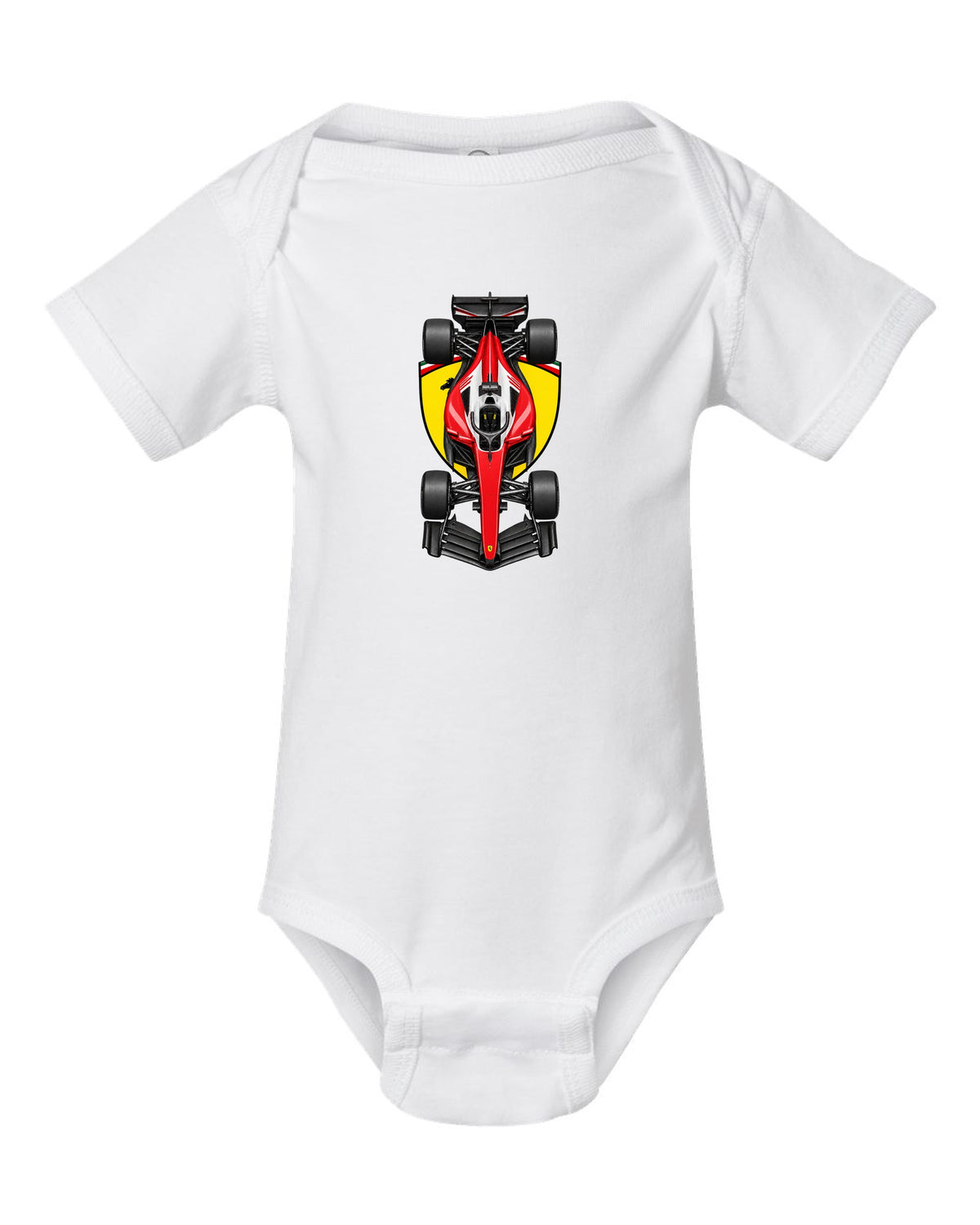 Ferrari SF-26 Formula 1 overhead poster artwork white baby onesie front view with the design