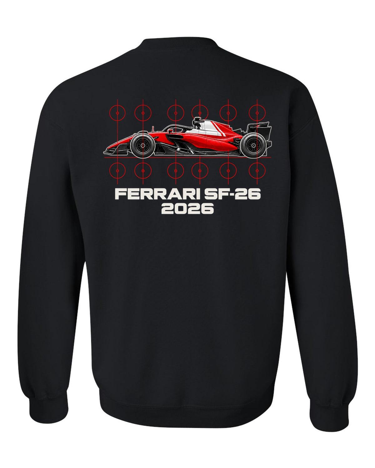 Ferrari SF-26 2026 F1 car technical poster artwork black crewneck back view with the design