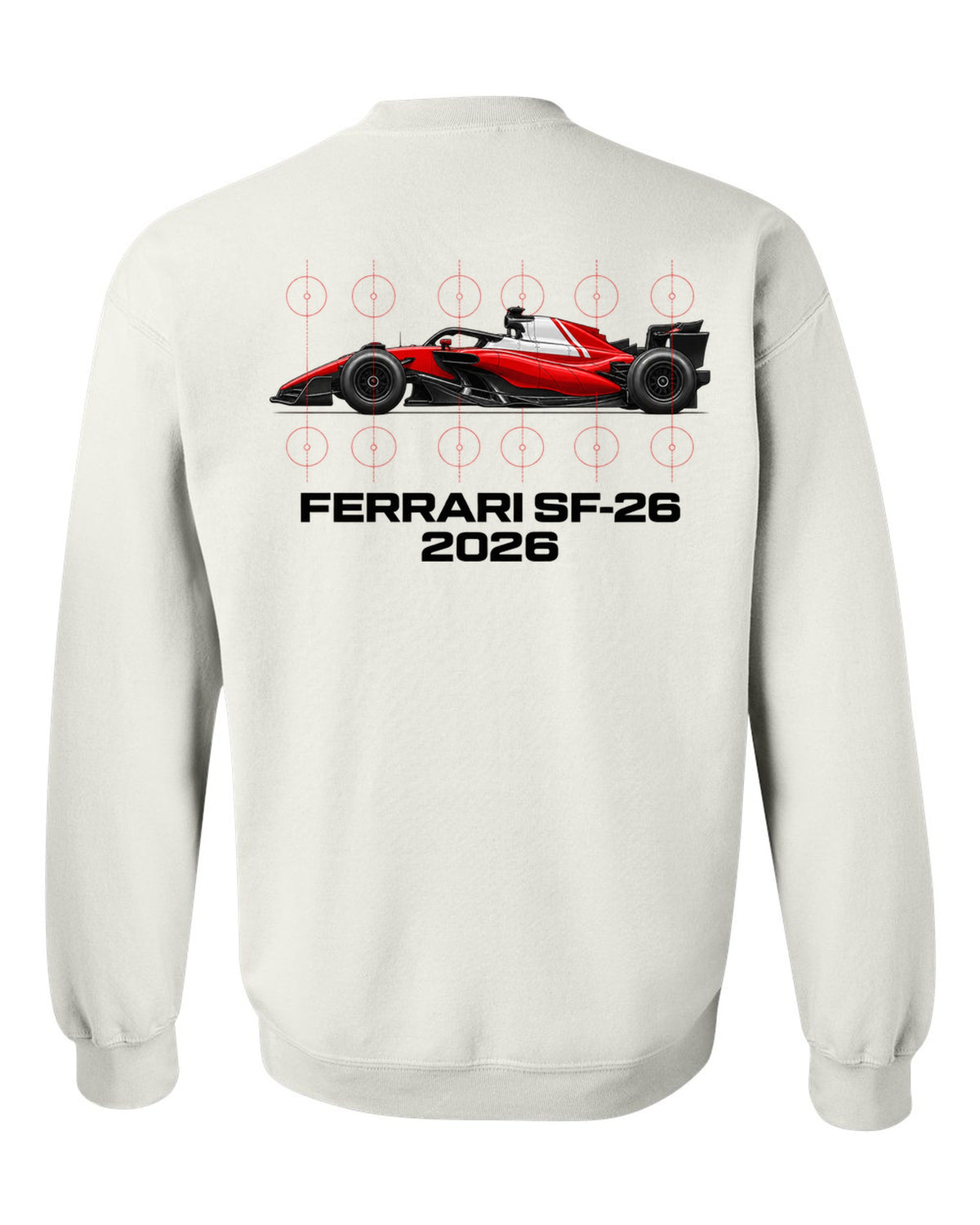 Ferrari SF-26 2026 F1 car technical poster artwork white crewneck back view with the design