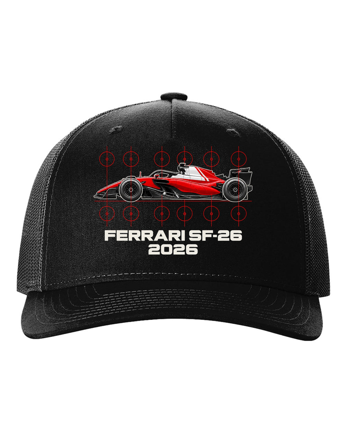 Ferrari SF-26 2026 F1 car technical poster artwork black hat front view with the design