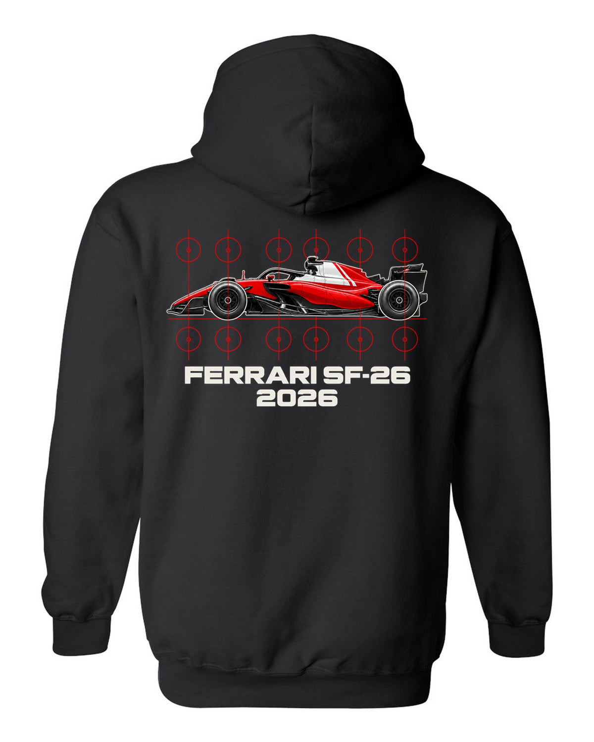 Ferrari SF-26 2026 F1 car technical poster artwork black pull over hoodie back view with the design