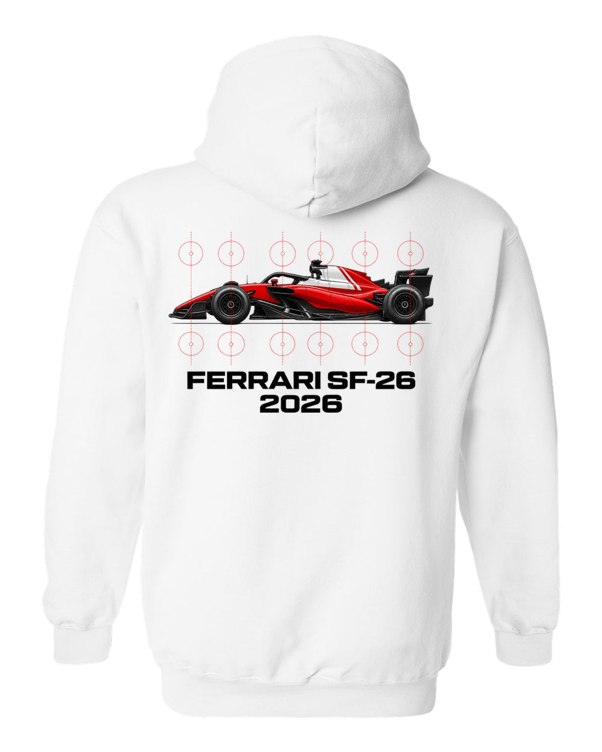 Ferrari SF-26 2026 F1 car technical poster artwork white pull over hoodie back view with the design
