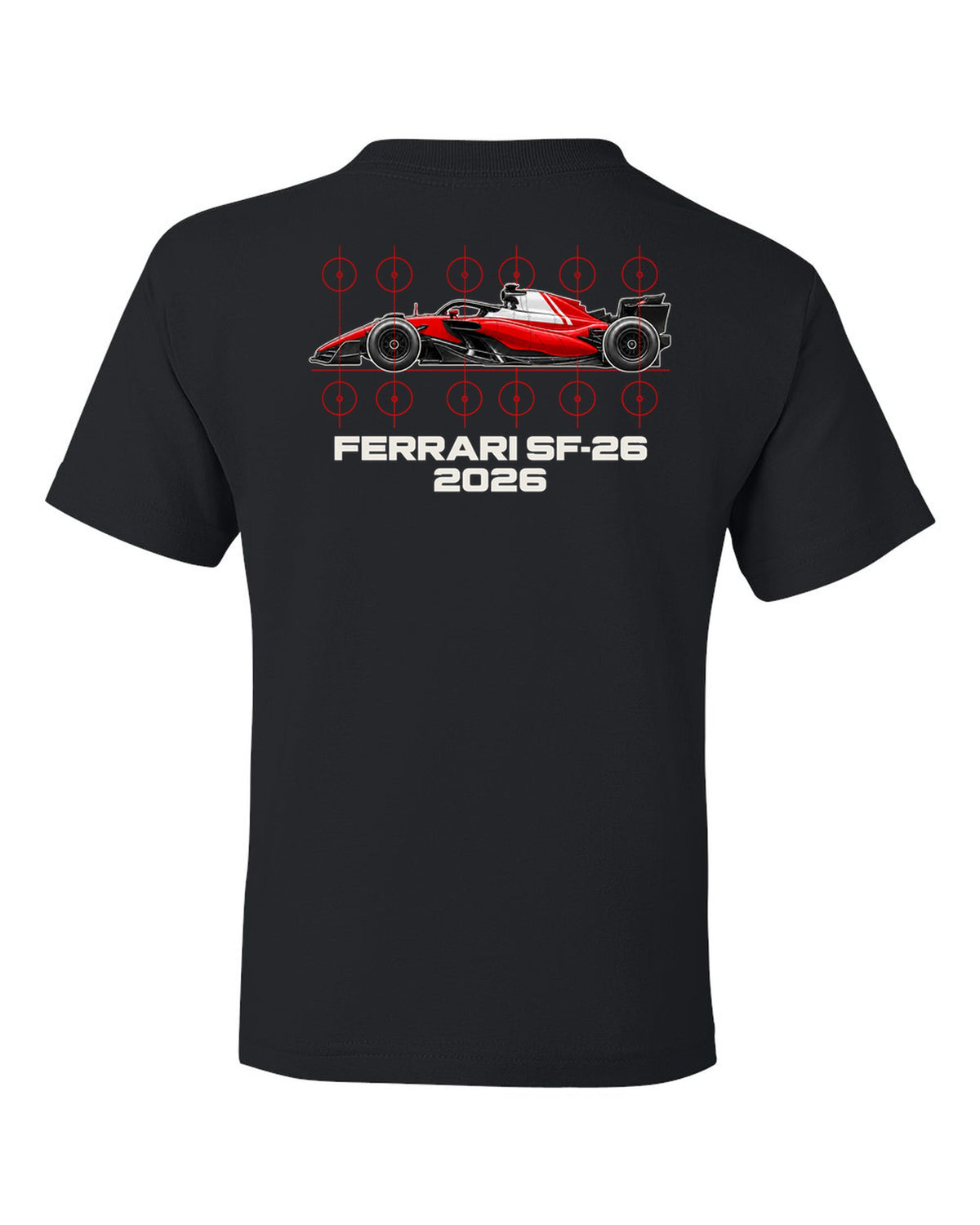 Ferrari SF-26 2026 F1 car technical poster artwork black kids tee back view with the design