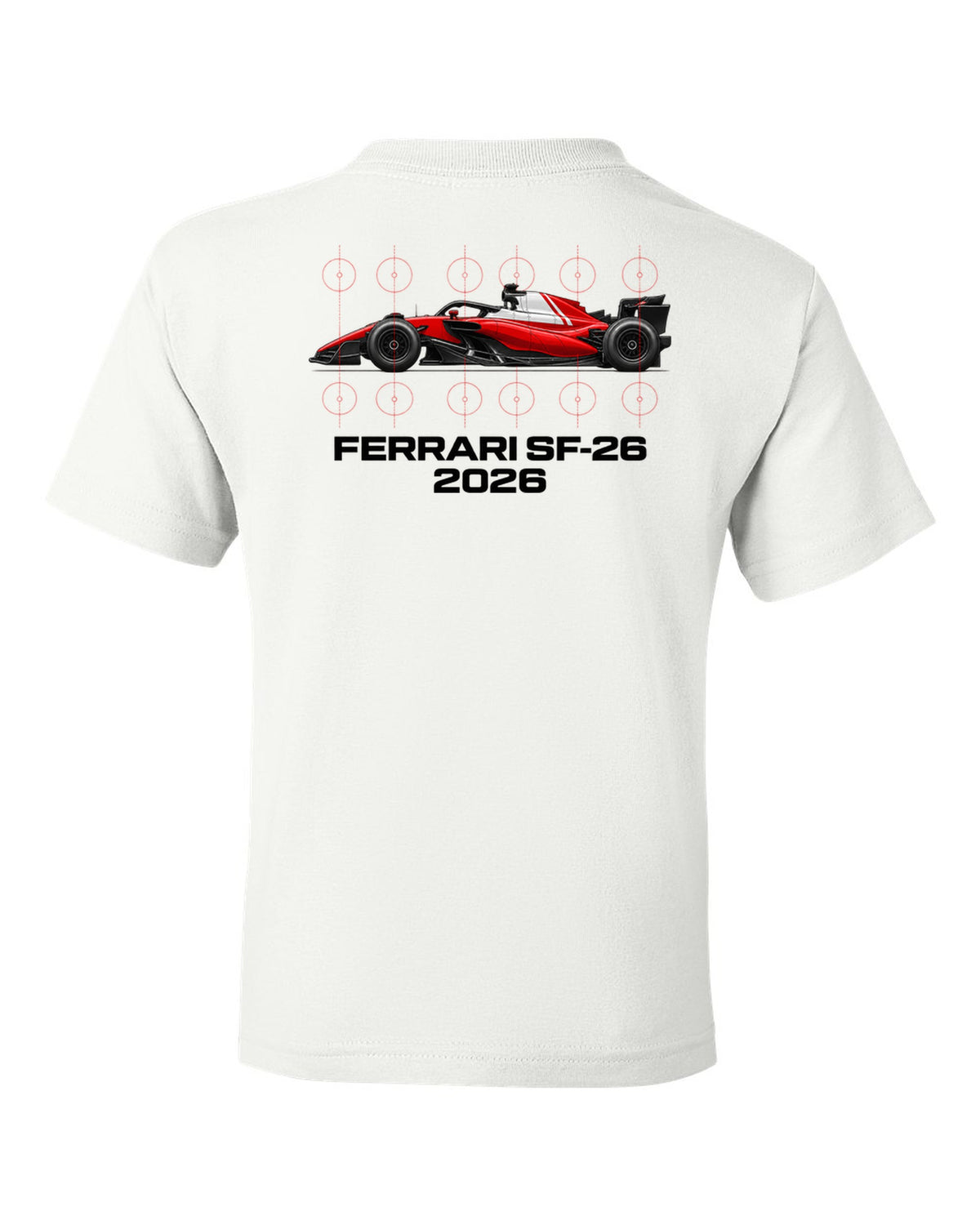 Ferrari SF-26 2026 F1 car technical poster artwork white kids tee back view with the design