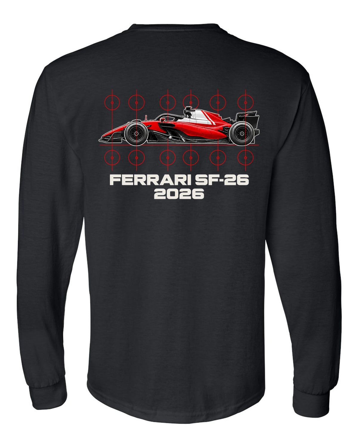 Ferrari SF-26 2026 F1 car technical poster artwork black long sleeve back view with the design
