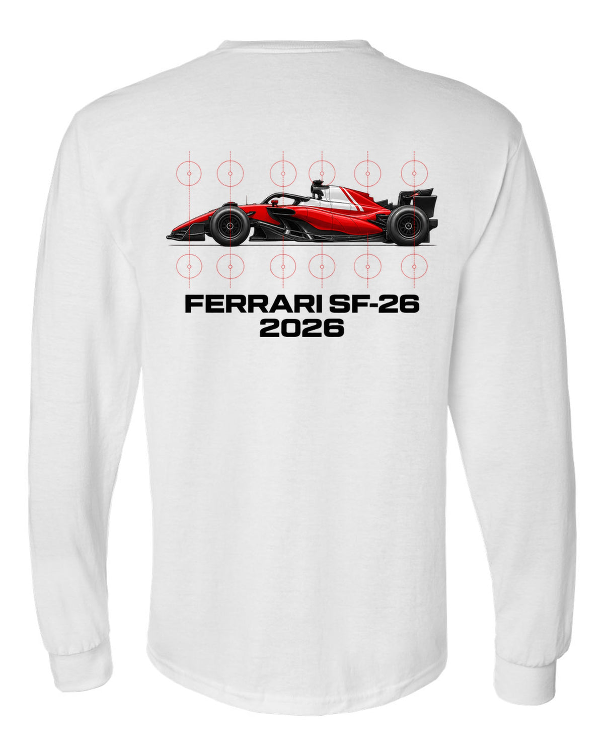 Ferrari SF-26 2026 F1 car technical poster artwork white long sleeve back view with the design