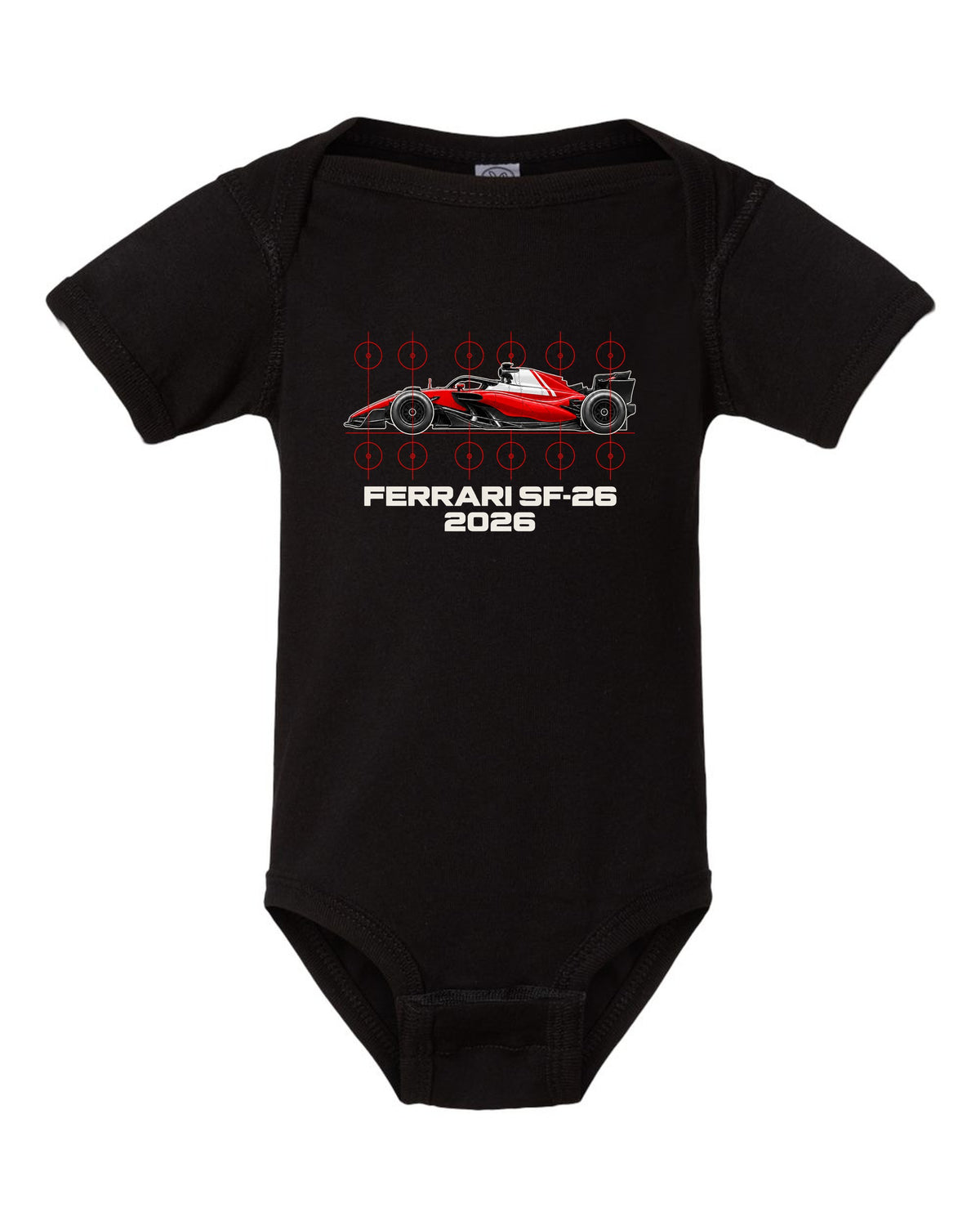 Ferrari SF-26 2026 F1 car technical poster artwork black baby onesie front view with the design