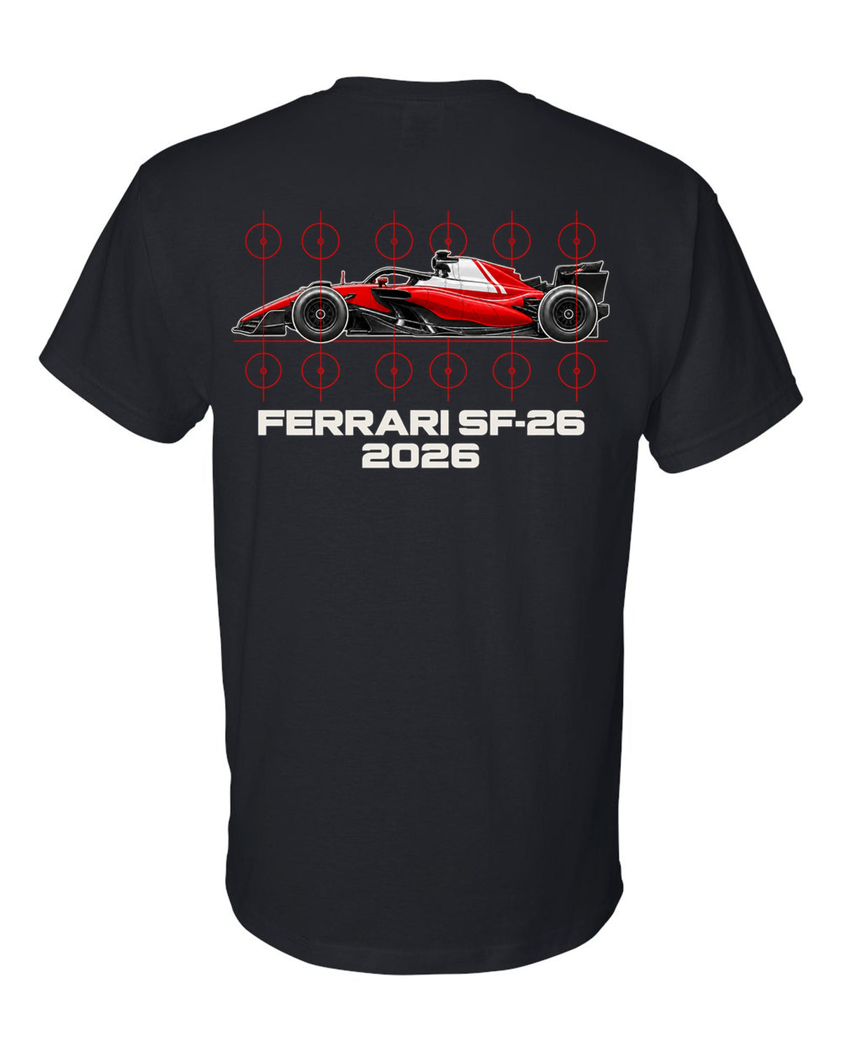 Ferrari SF-26 2026 F1 car technical poster artwork black t-shirt back view with the design
