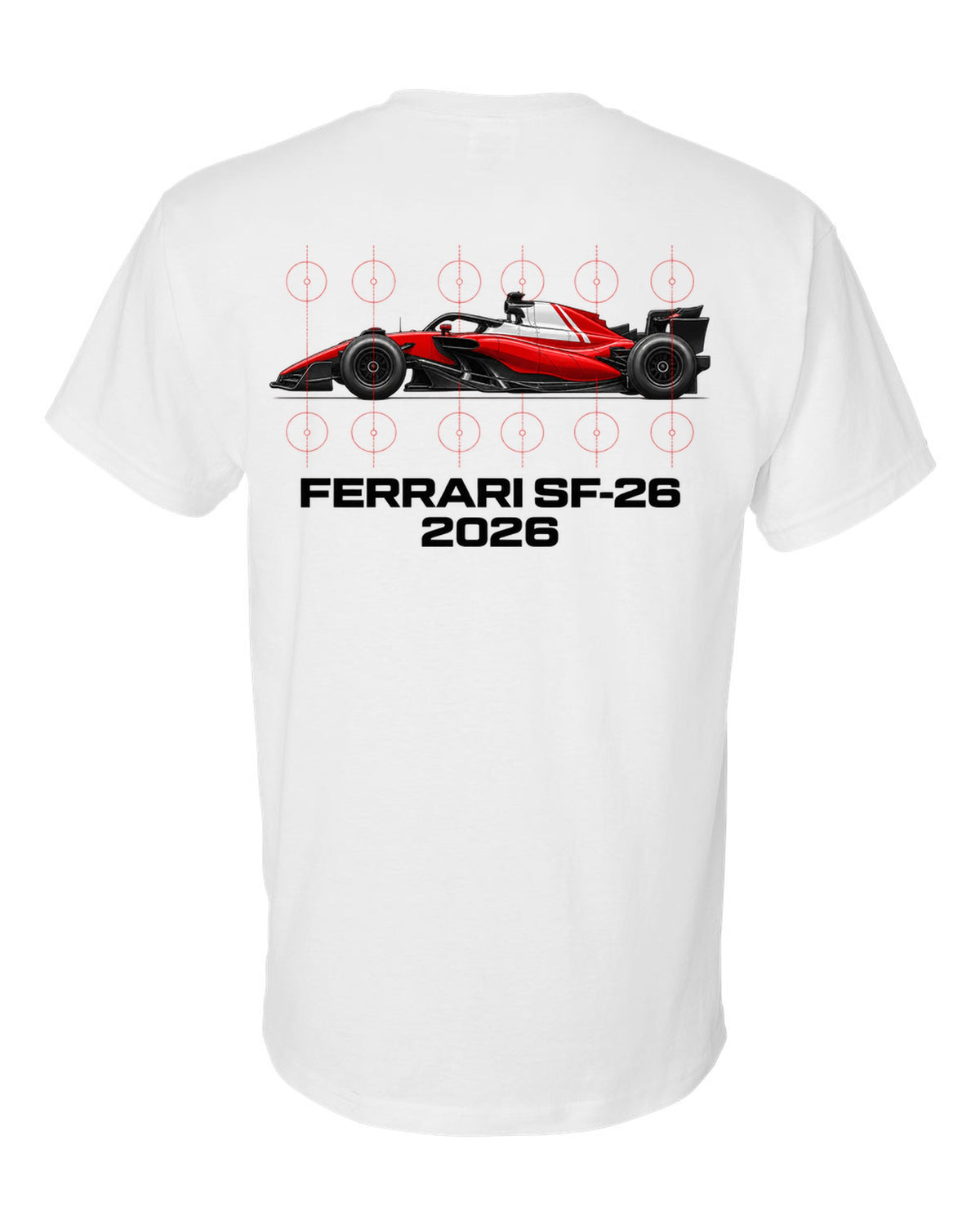 Ferrari SF-26 2026 F1 car technical poster artwork white t-shirt back view with the design