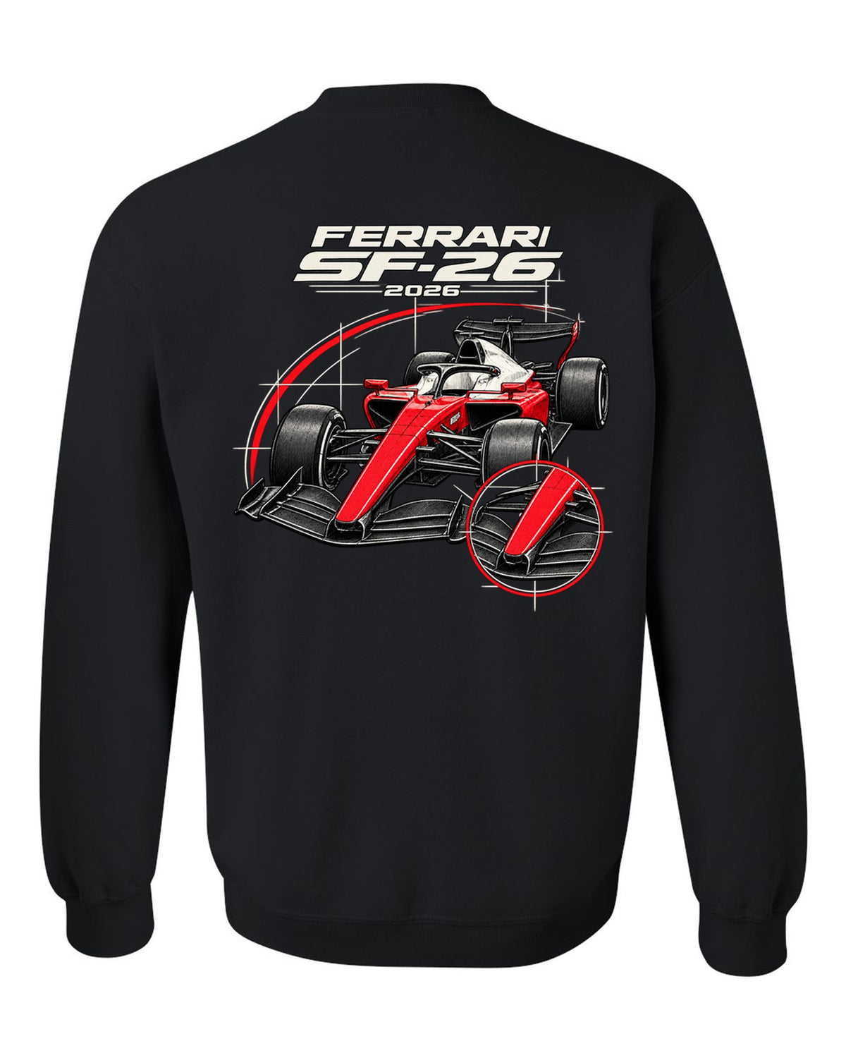 Ferrari SF-26 2026 F1 car technical poster artwork black crewneck back view with the design