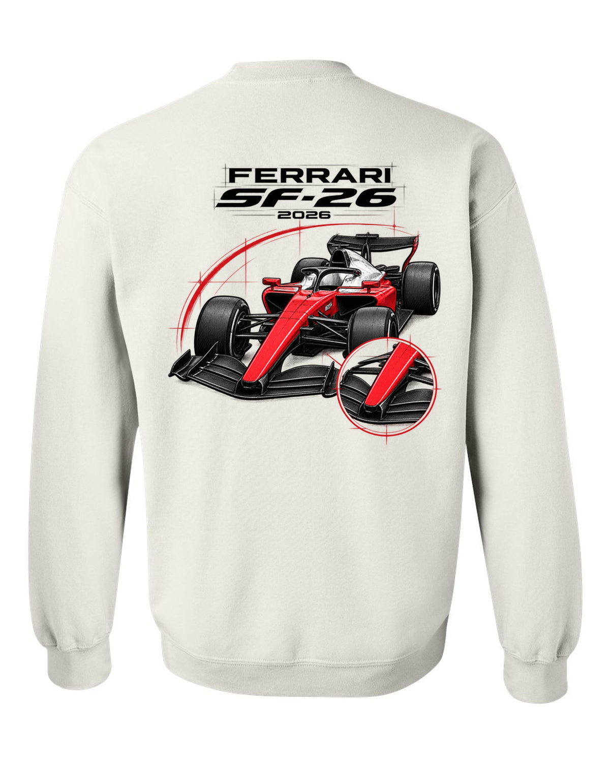 Ferrari SF-26 2026 F1 car technical poster artwork white crewneck back view with the design
