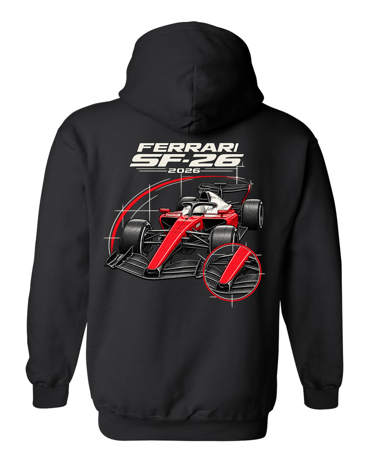 Ferrari SF-26 2026 F1 car technical poster artwork black pull over hoodie back view with the design