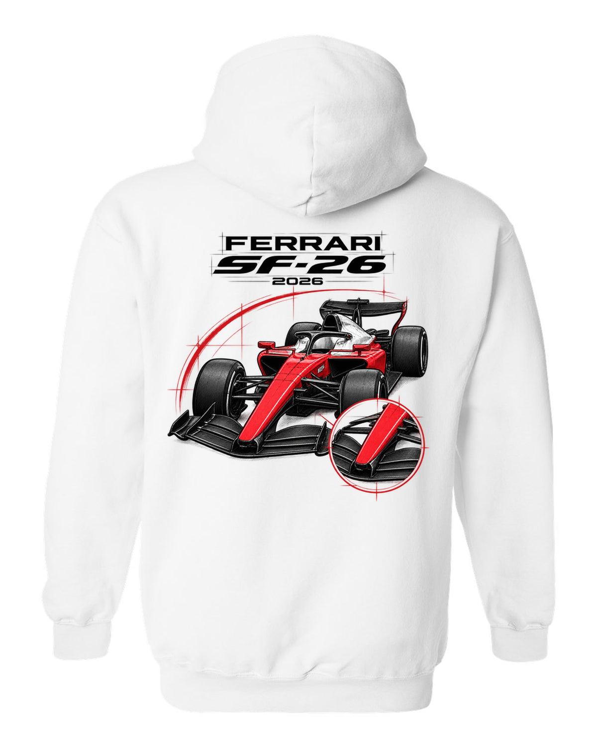 Ferrari SF-26 2026 F1 car technical poster artwork white pull over hoodie back view with the design