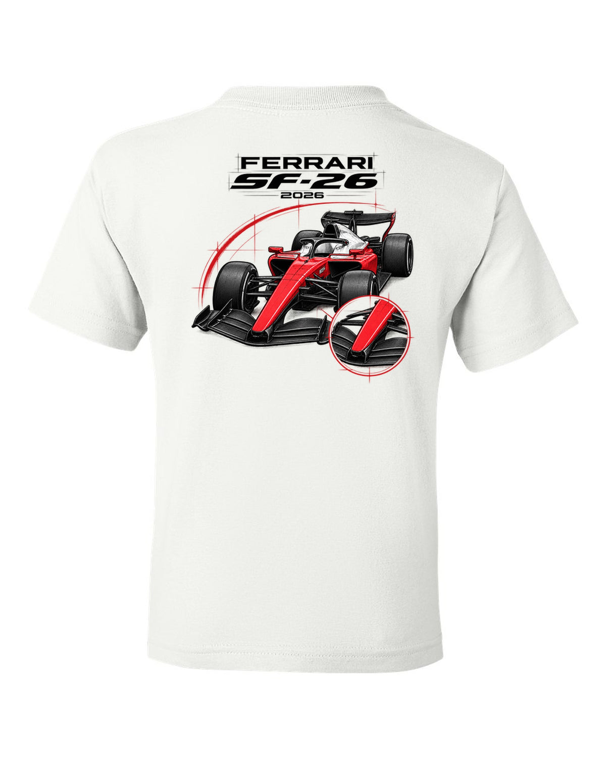 Ferrari SF-26 2026 F1 car technical poster artwork white kids tee back view with the design