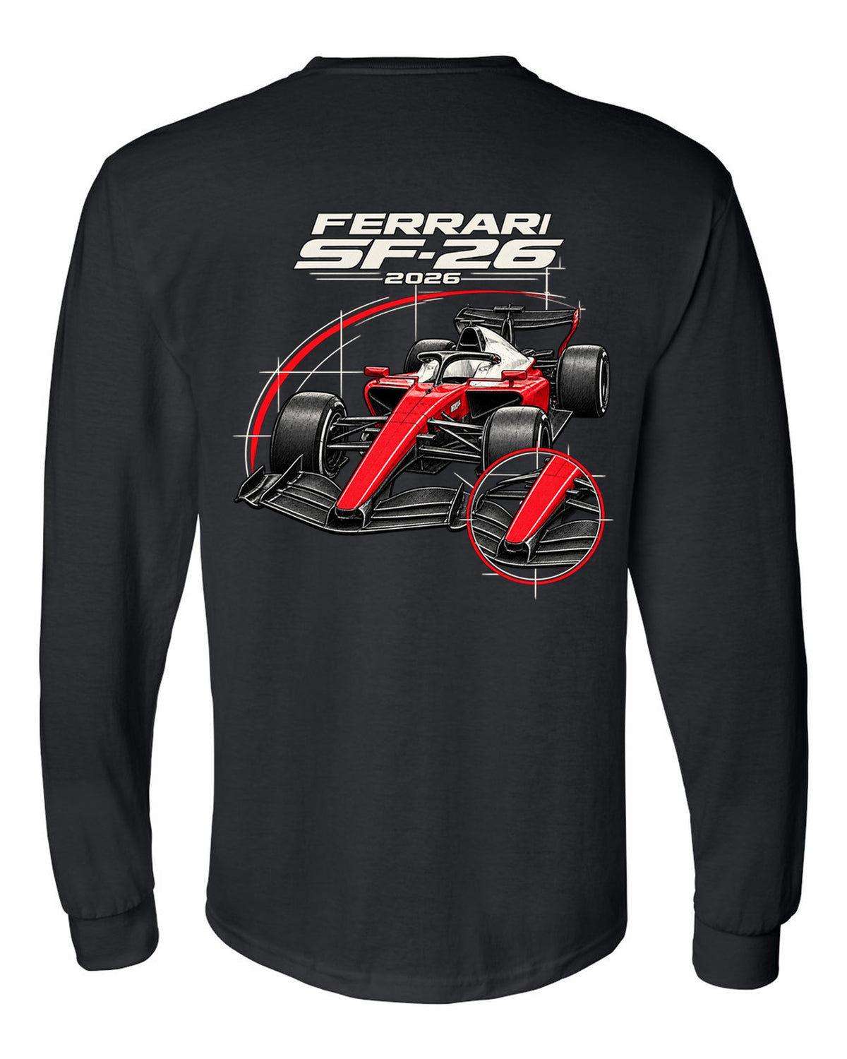 Ferrari SF-26 2026 F1 car technical poster artwork black long sleeve back view with the design