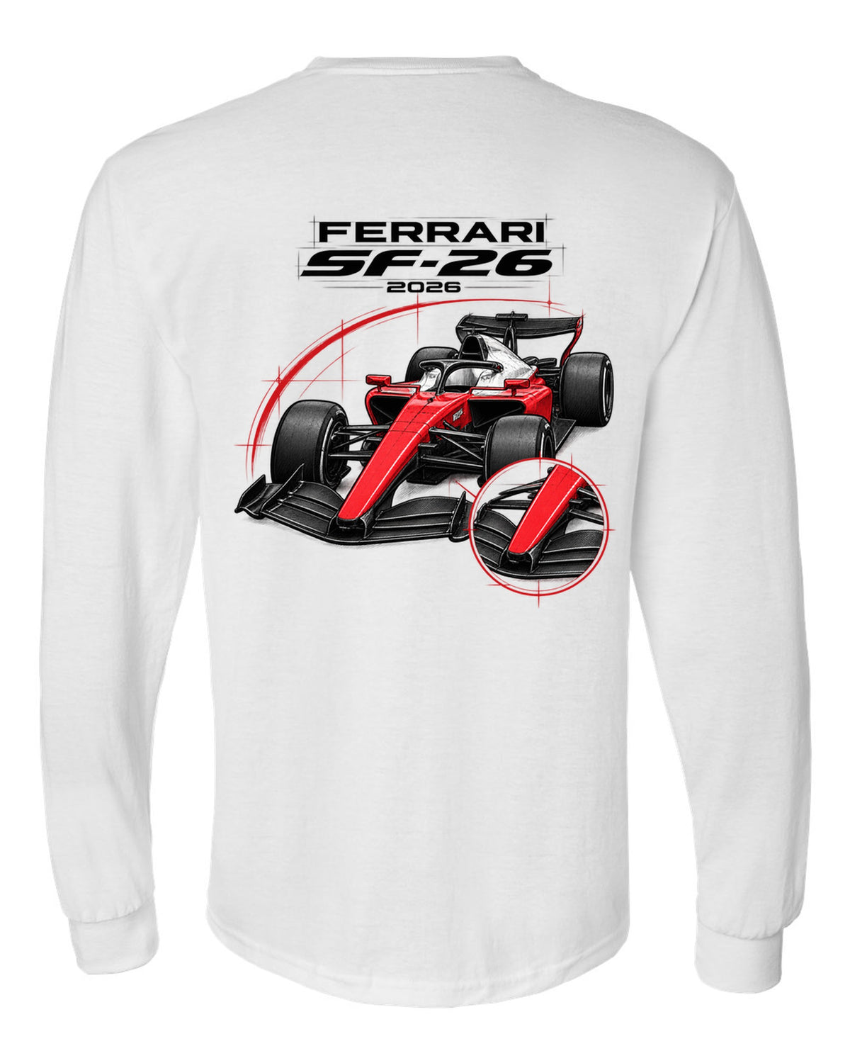 Ferrari SF-26 2026 F1 car technical poster artwork white long sleeve back view with the design