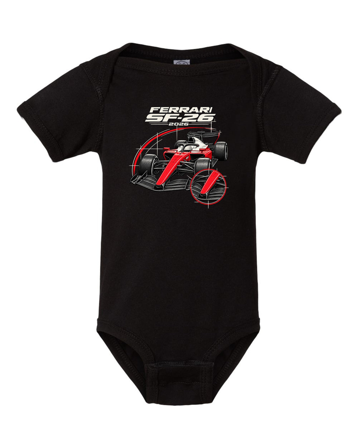 Ferrari SF-26 2026 F1 car technical poster artwork black baby onesie front view with the design
