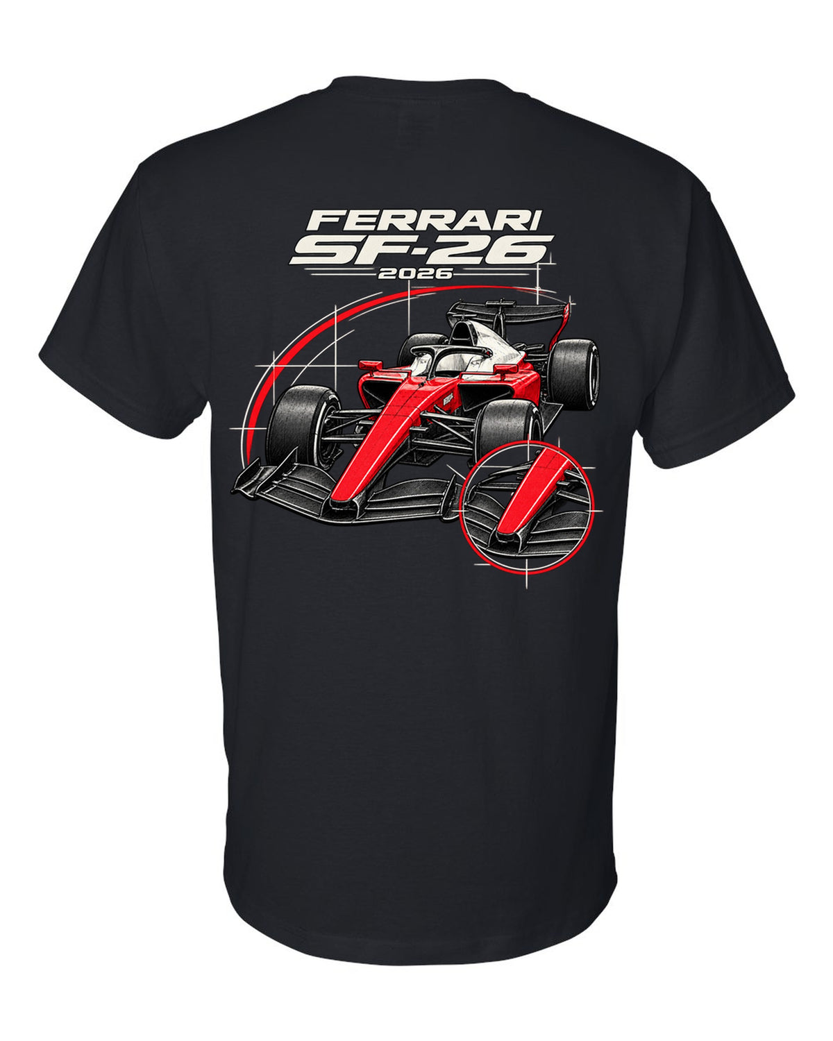 Ferrari SF-26 2026 F1 car technical poster artwork black t-shirt back view with the design