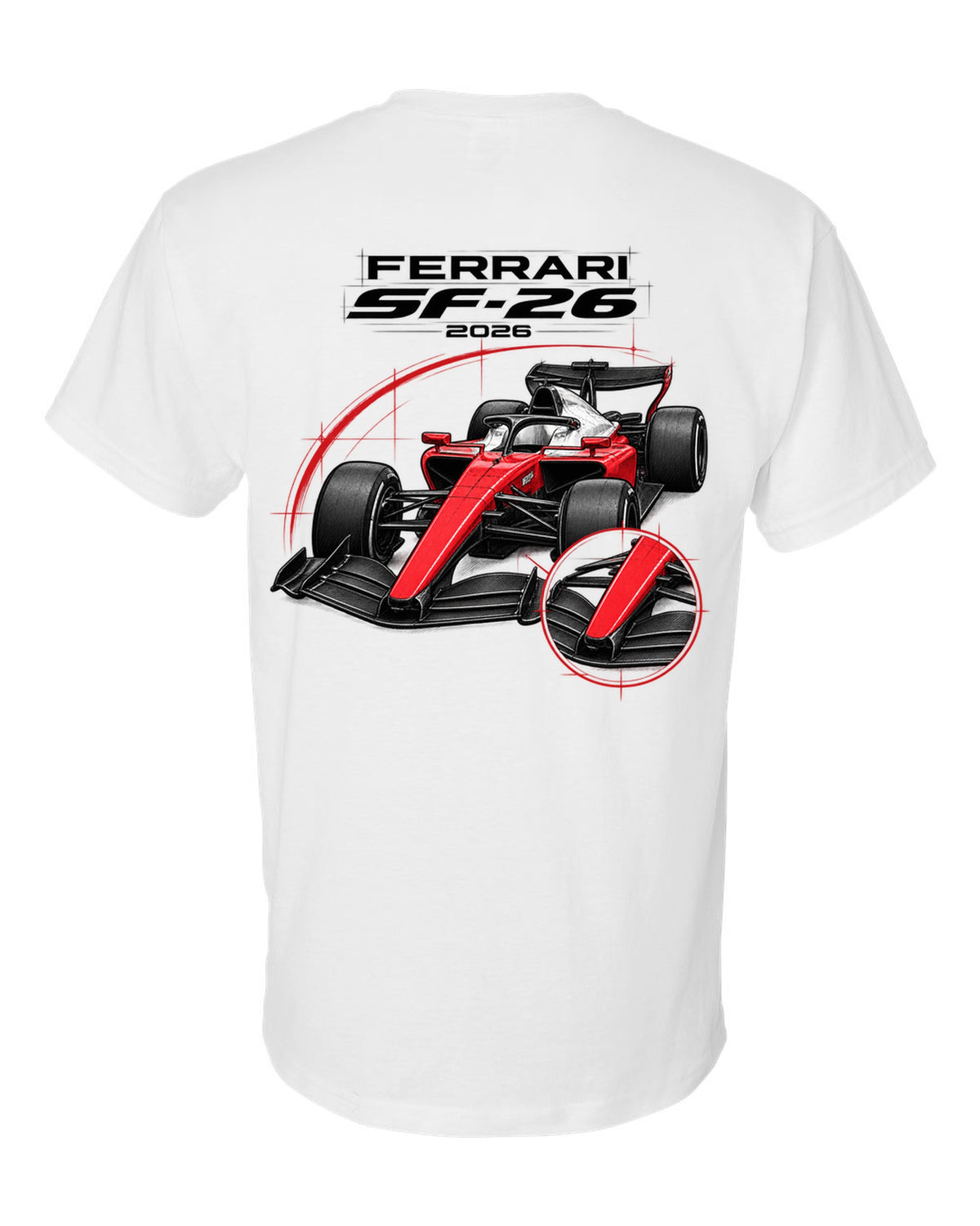 Ferrari SF-26 2026 F1 car technical poster artwork white t-shirt back view with the design