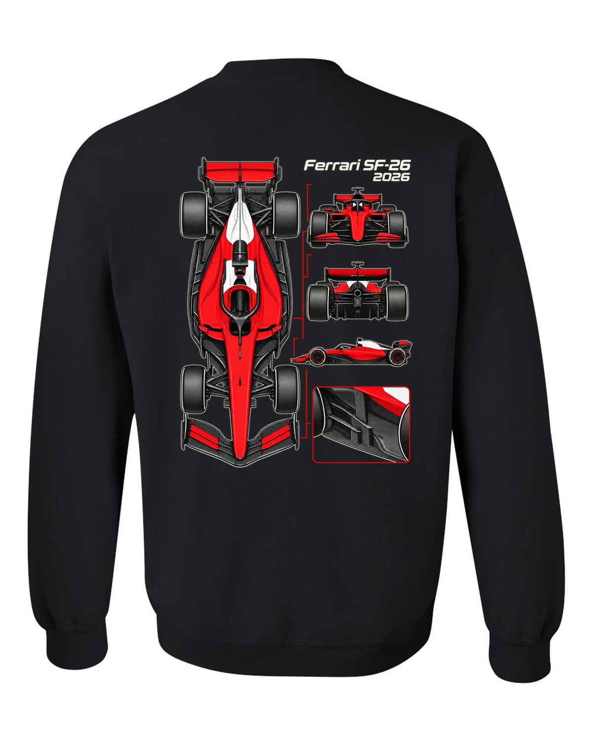 Ferrari SF-26 2026 F1 car technical poster artwork black crewneck back view with the design