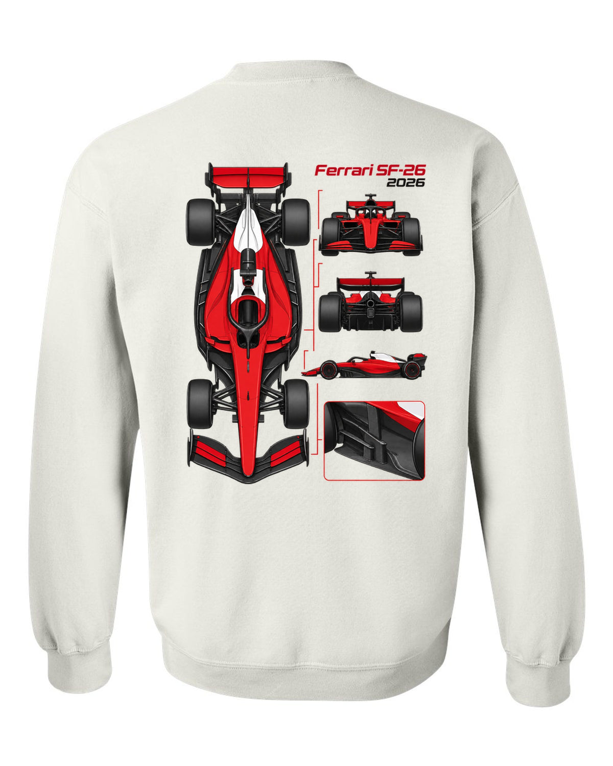 Ferrari SF-26 2026 F1 car technical poster artwork white crewneck back view with the design