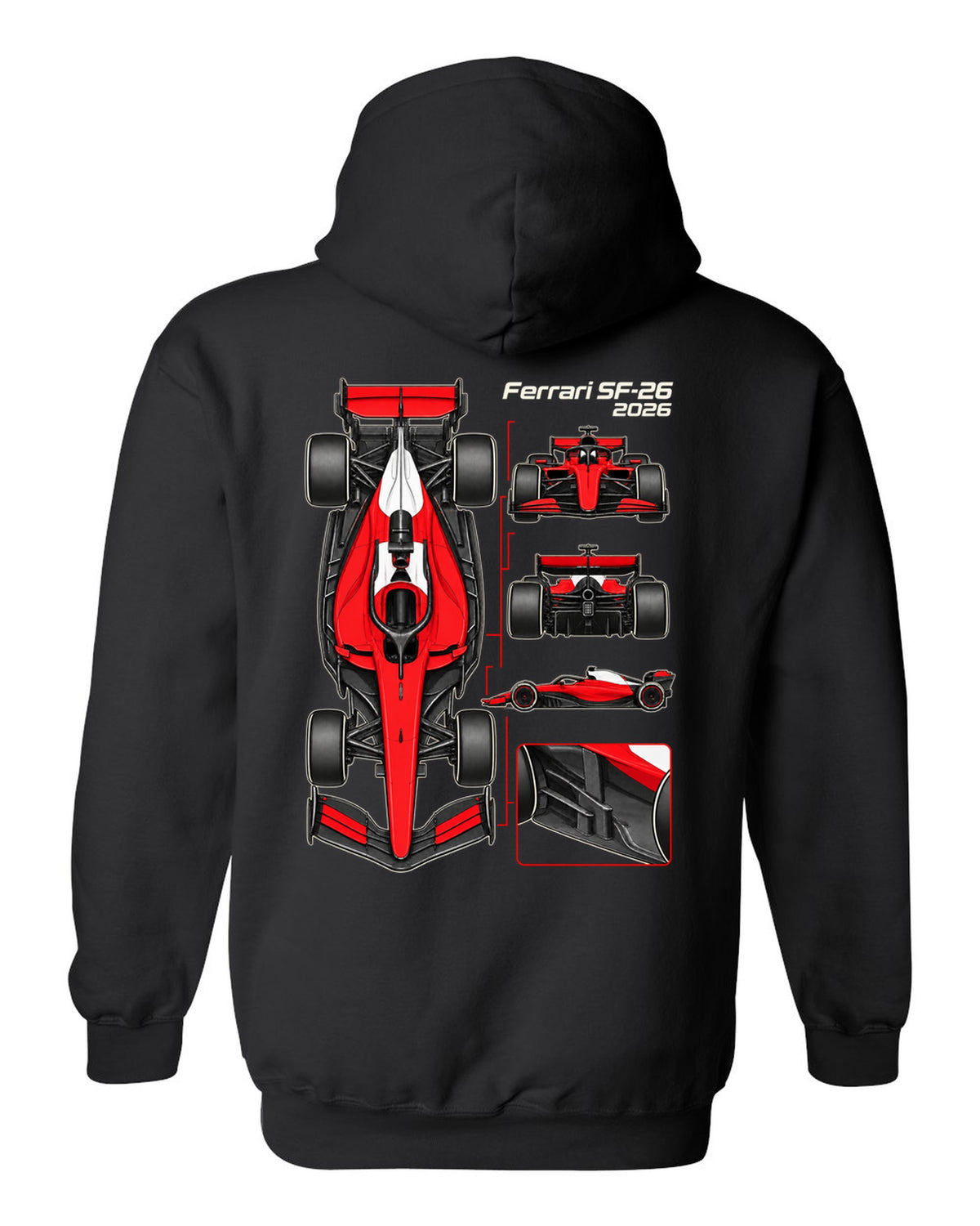 Ferrari SF-26 2026 F1 car technical poster artwork black pull over hoodie back view with the design