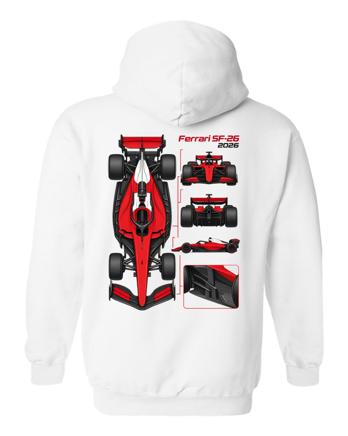 Ferrari SF-26 2026 F1 car technical poster artwork white pull over hoodie back view with the design