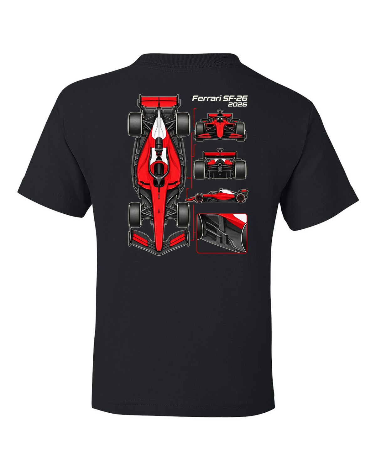 Ferrari SF-26 2026 F1 car technical poster artwork black kids tee back view with the design