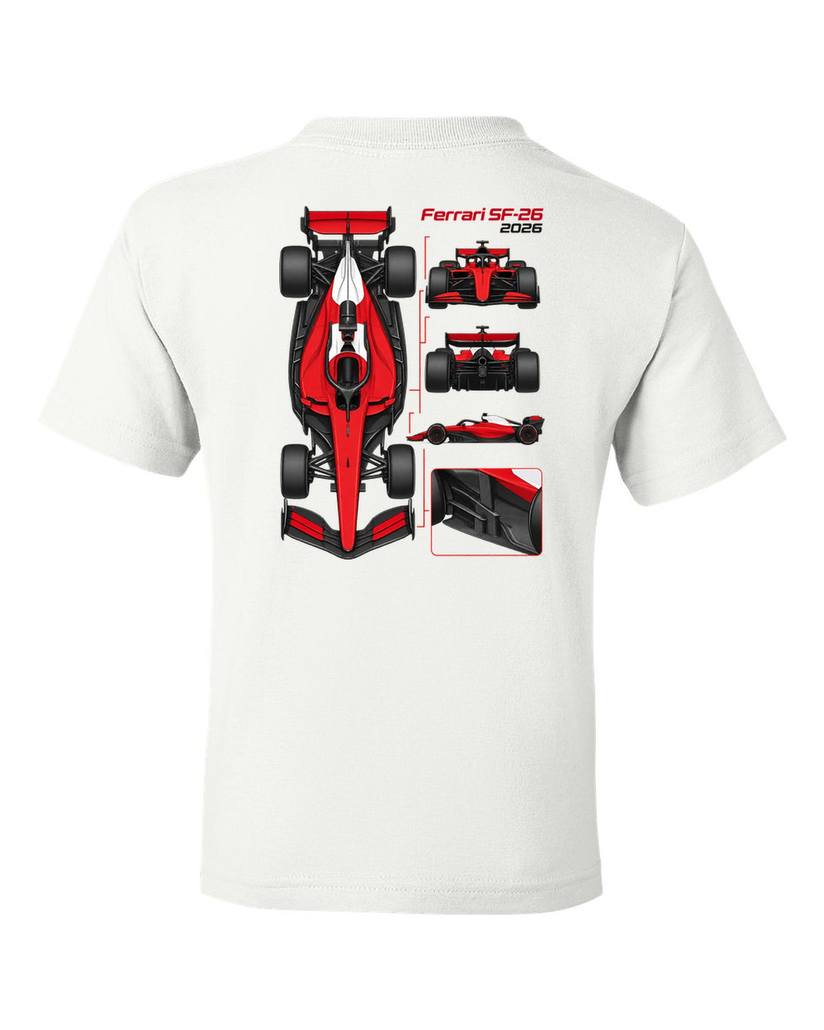 Ferrari SF-26 2026 F1 car technical poster artwork white kids tee back view with the design