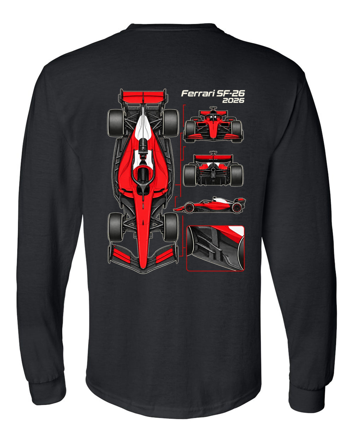 Ferrari SF-26 2026 F1 car technical poster artwork black long sleeve back view with the design