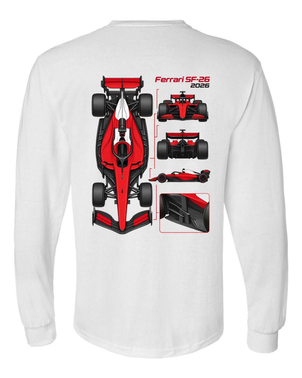 Ferrari SF-26 2026 F1 car technical poster artwork white long sleeve back view with the design