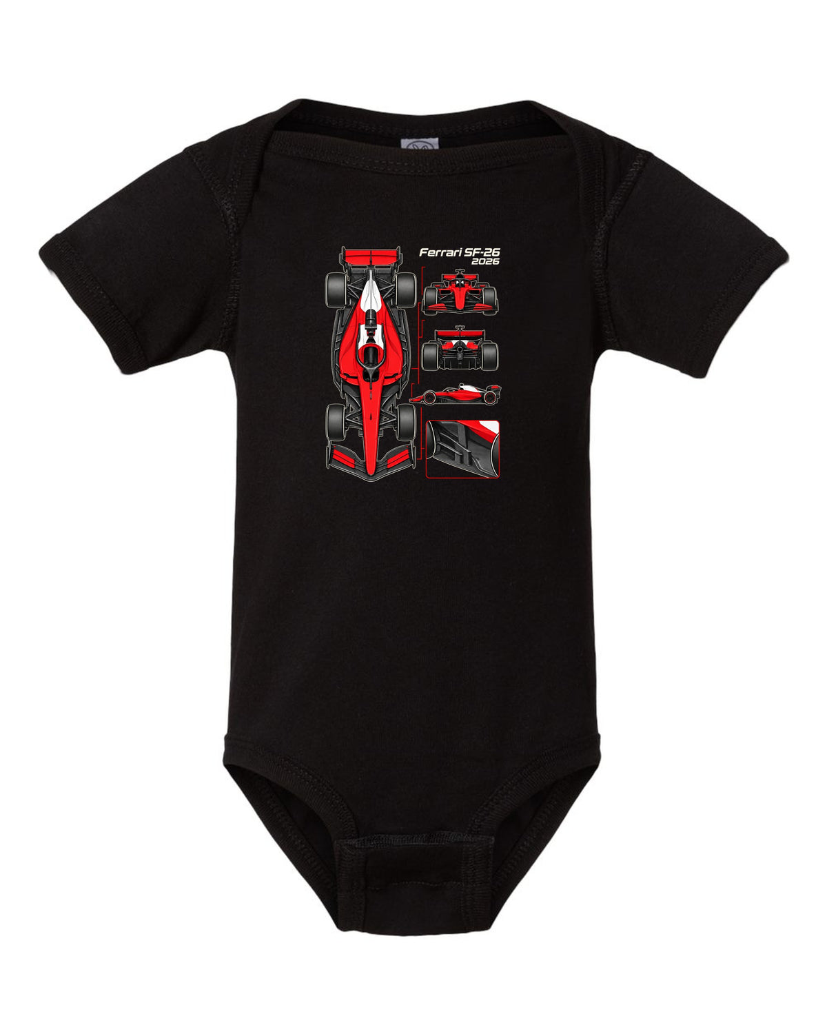 Ferrari SF-26 2026 F1 car technical poster artwork black baby onesie front view with the design