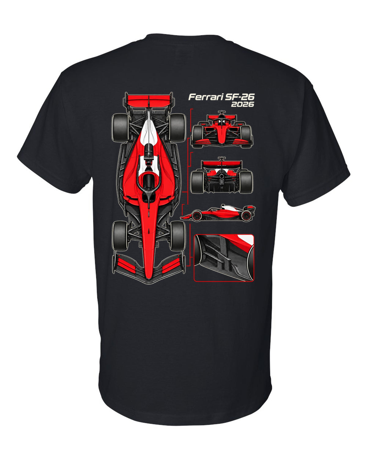 Ferrari SF-26 2026 F1 car technical poster artwork black t-shirt back view with the design
