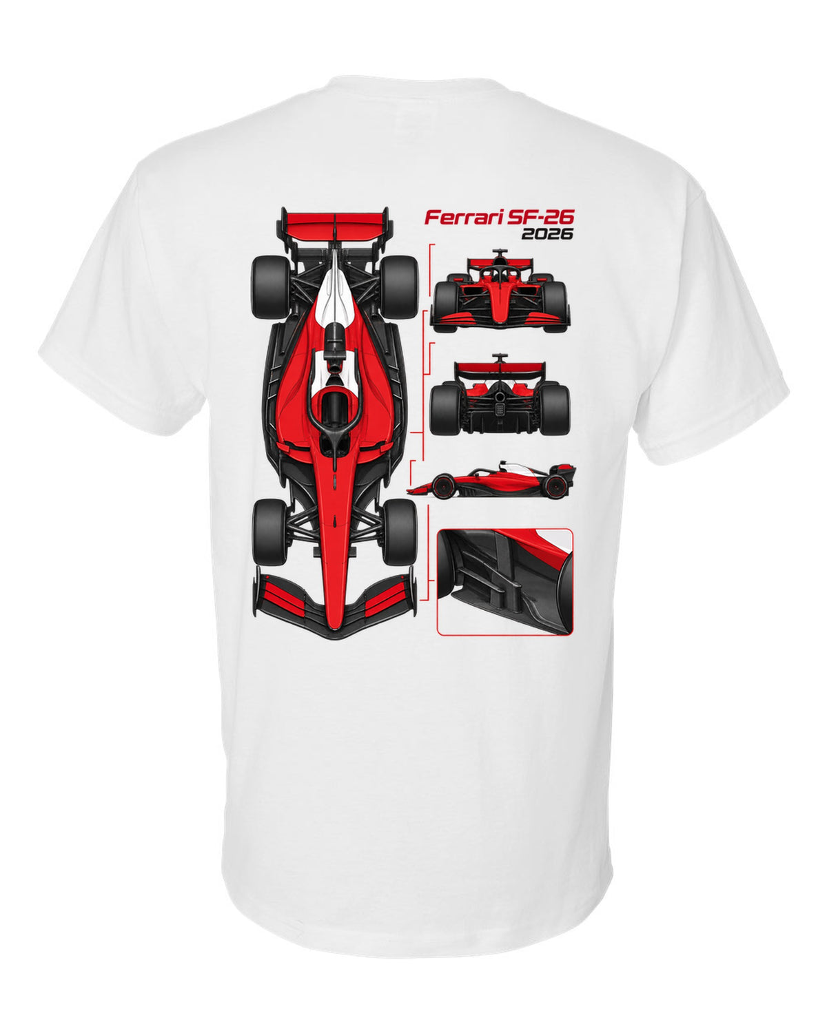 Ferrari SF-26 2026 F1 car technical poster artwork white t-shirt back view with the design
