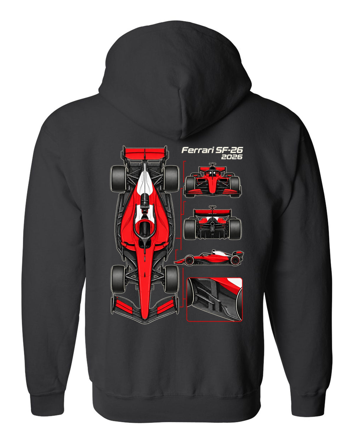 Ferrari SF-26 2026 F1 car technical poster artwork black zip hoodie back view with the design