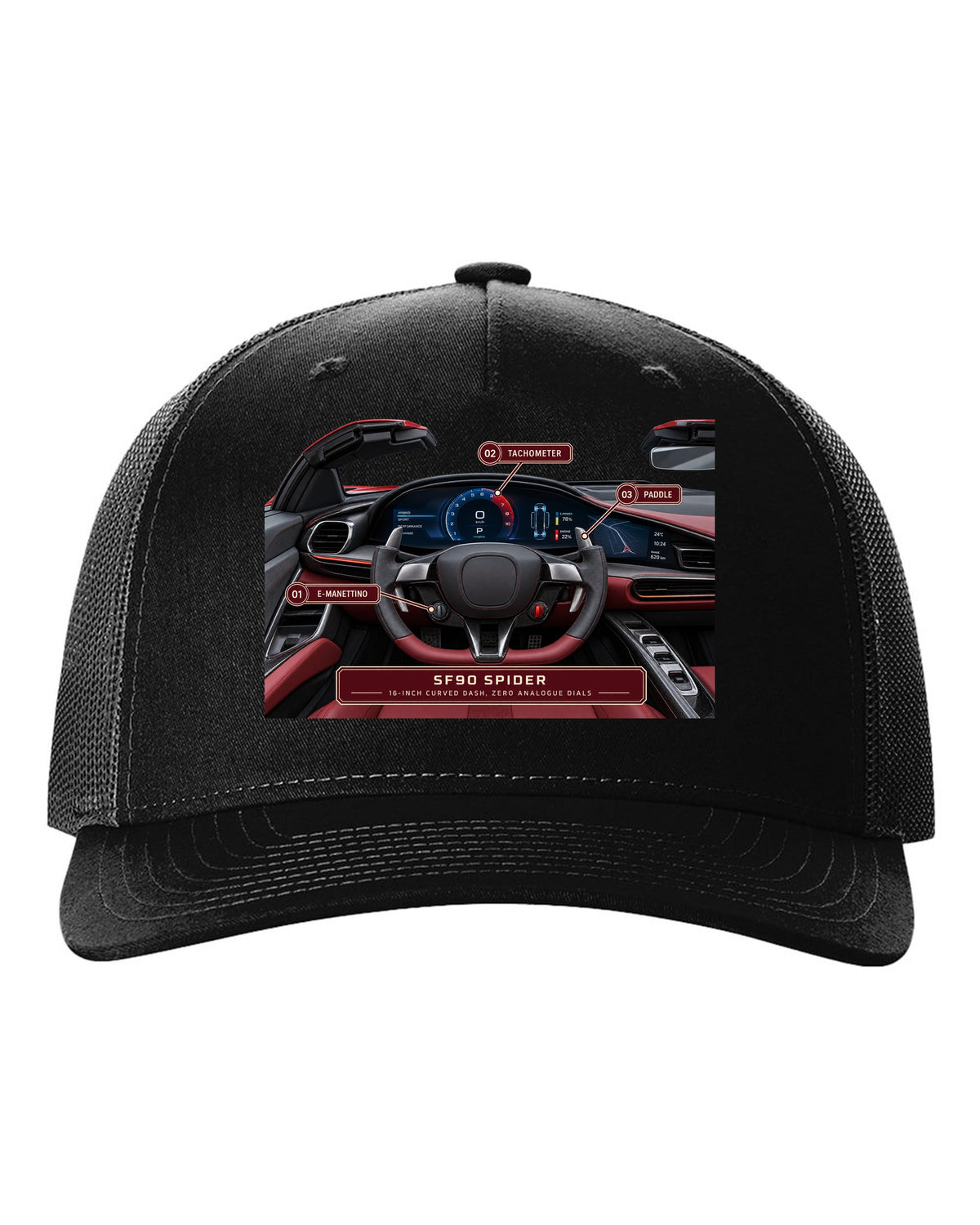 Ferrari SF90 Spider cockpit gauge print with 16-inch curved dash text black hat front view with the design