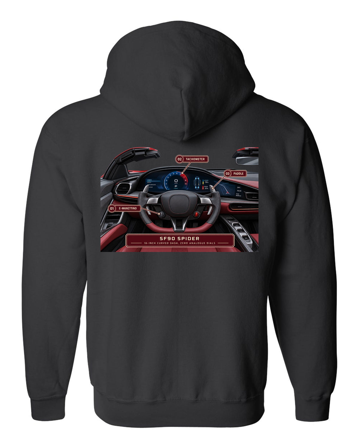 Ferrari SF90 Spider cockpit gauge print with 16-inch curved dash text black zip hoodie back view with the design
